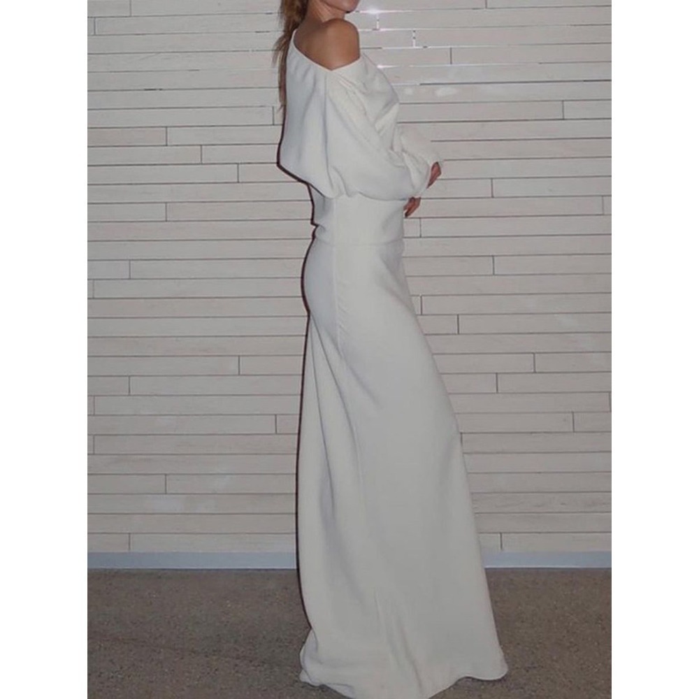 COMMENSE Asymmetrical Off Shoulder Solid Long Sleeve Maxi Dress white size M - Picture 5 of 6